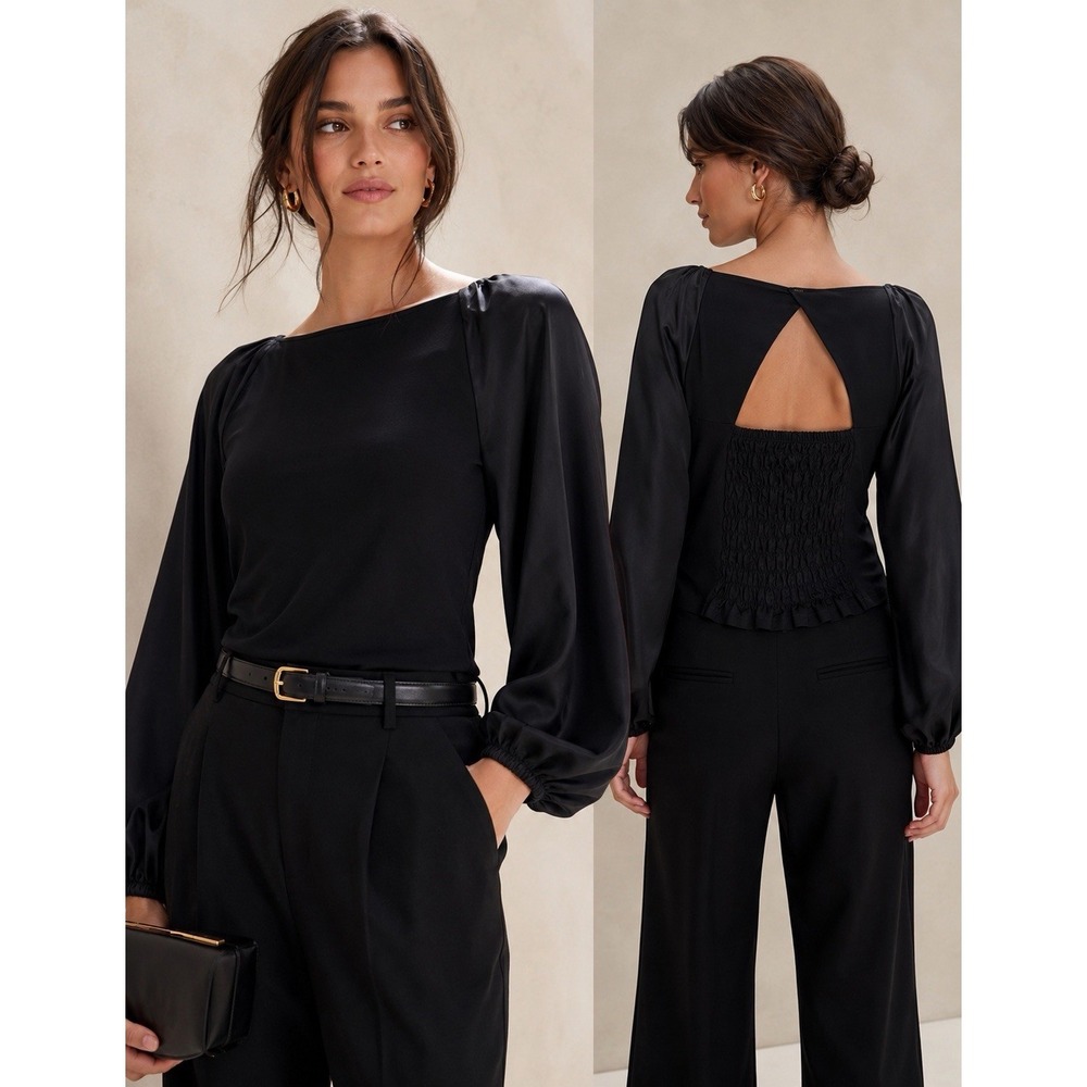 Banana Republic Romantic Black Balloon Sleeve Open Back Blouse Top Small